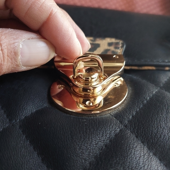 Joanel Quilted & Plain Black & Faux Leopard Trim Handbag (Large) - Picture 2 of 16